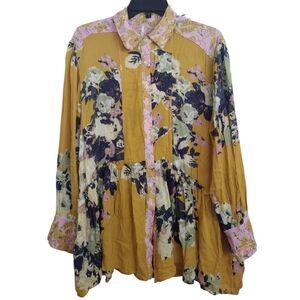Free People Brunch A Bunch Marigold Pink Floral Button-Up Tunic Top Size XS